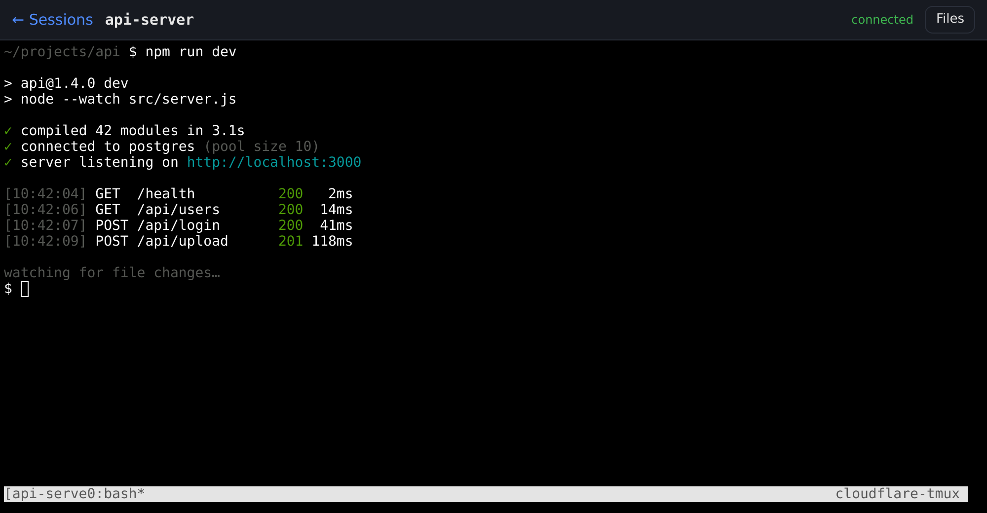 A tmux session open in the browser